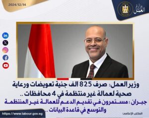 وزير العمل: صرف 825 الف جنية تعويضات ورعاية صحية لعمالة غير منتظمة 