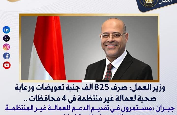 وزير العمل: صرف 825 الف جنية تعويضات ورعاية صحية لعمالة غير منتظمة 1 وزير العمل: صرف 825 الف جنية تعويضات ورعاية صحية لعمالة غير منتظمة