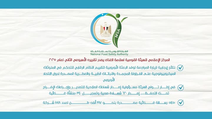 المركز الإعلامي للهيئة القومية لسلامة الغذاء يصدر تقريره الأسبوعي الثاني لعام 2025 1 المركز الإعلامي للهيئة القومية لسلامة الغذاء يصدر تقريره الأسبوعي الثاني لعام 2025