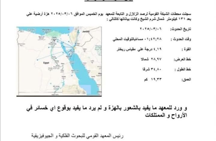 هزة أرضية على بعد 131 كم شمال شرم الشيخ