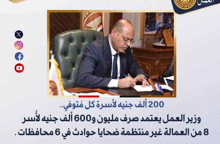 وزير العمل يعتمد صرف مليون و600 ألف جنيه لأُسر 8 من العمالة غير المنتظمة ضحايا حوادث