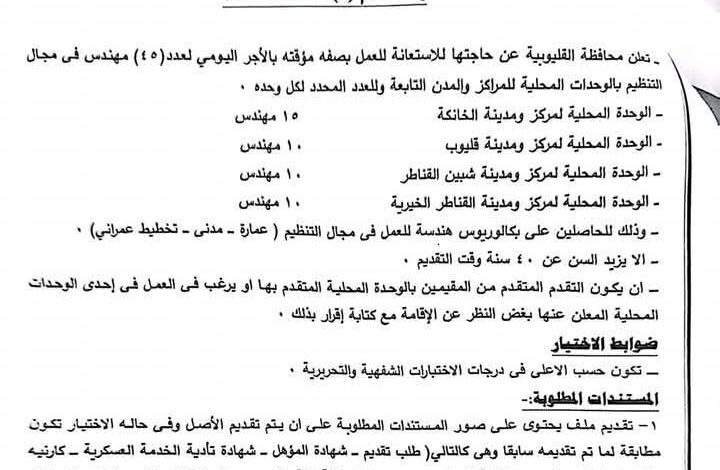 محافظة القليوبية تعلن عن حاجتها للاستعانة بنظام السركي اليومي لعدد 45 مهندس 