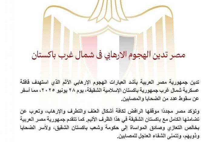 مصر تدين الهجوم الإرهابي في شمال غرب باكستان 1 مصر تدين الهجوم الإرهابي في شمال غرب باكستان