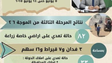 الإنتهاء من المرحلة الثالثة للموجة 26 لإزالة التعديات على الأراضي الزراعية وأملاك الدولة