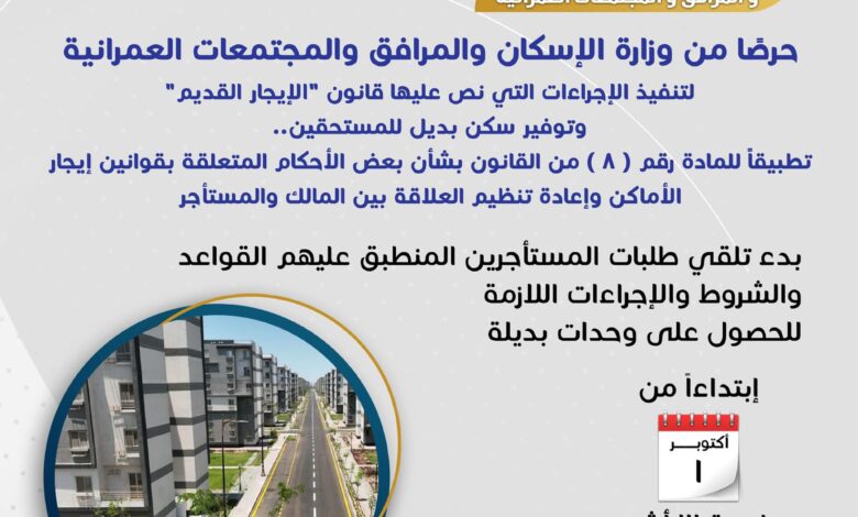 بالإنفوجراف: "الإسكان" توضح كيفية تلقي طلبات المستأجرين المنطبق عليهم قانون "الإيجار القديم" 1 بالإنفوجراف: "الإسكان" توضح كيفية تلقي طلبات المستأجرين المنطبق عليهم قانون "الإيجار القديم"