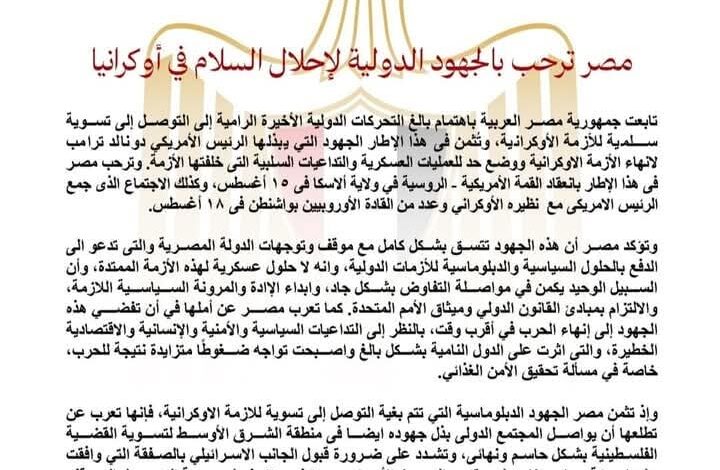 مصر ترحب بالجهود الدولية لإحلال السلام في أوكرانيا