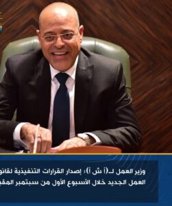 وزير العمل : إصدار القرارات التنفيذية لقانون العمل الجديد خلال الأسبوع الأول من سبتمبر المقبل