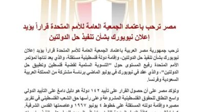 مصر ترحب باعتماد الجمعية العامة للأمم المتحدة قراراً يؤيد إعلان نيويورك بشأن تنفيذ حل الدولتين
