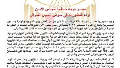 مصــر توجه خــطاباً لمجـلس الأمــن إزاء التطـورات في حـوض الـنـيـل الشـرقي