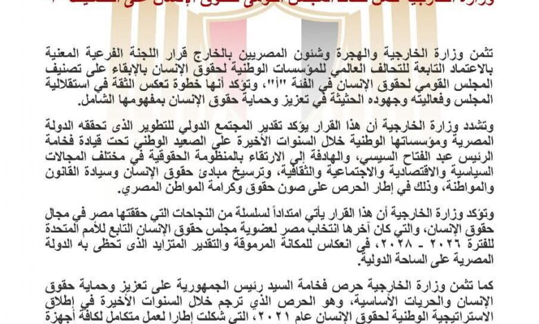 وزارة الخارجية: حفاظ القومى لحقوق الإنسان على التصنيف "أ" يؤكد تقدير المجتمع الدولي للتطوير 1 وزارة الخارجية: حفاظ القومى لحقوق الإنسان على التصنيف "أ" يؤكد تقدير المجتمع الدولي للتطوير