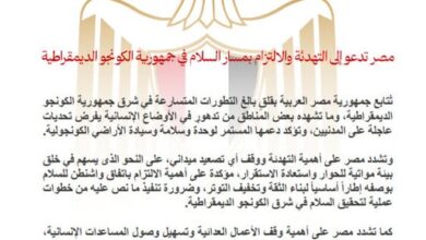 مصر تدعو إلى التهدئة والالتزام بمسار السلام في جمهورية الكونجو الديمقراطية 2 مصر تدعو إلى التهدئة والالتزام بمسار السلام في جمهورية الكونجو الديمقراطية